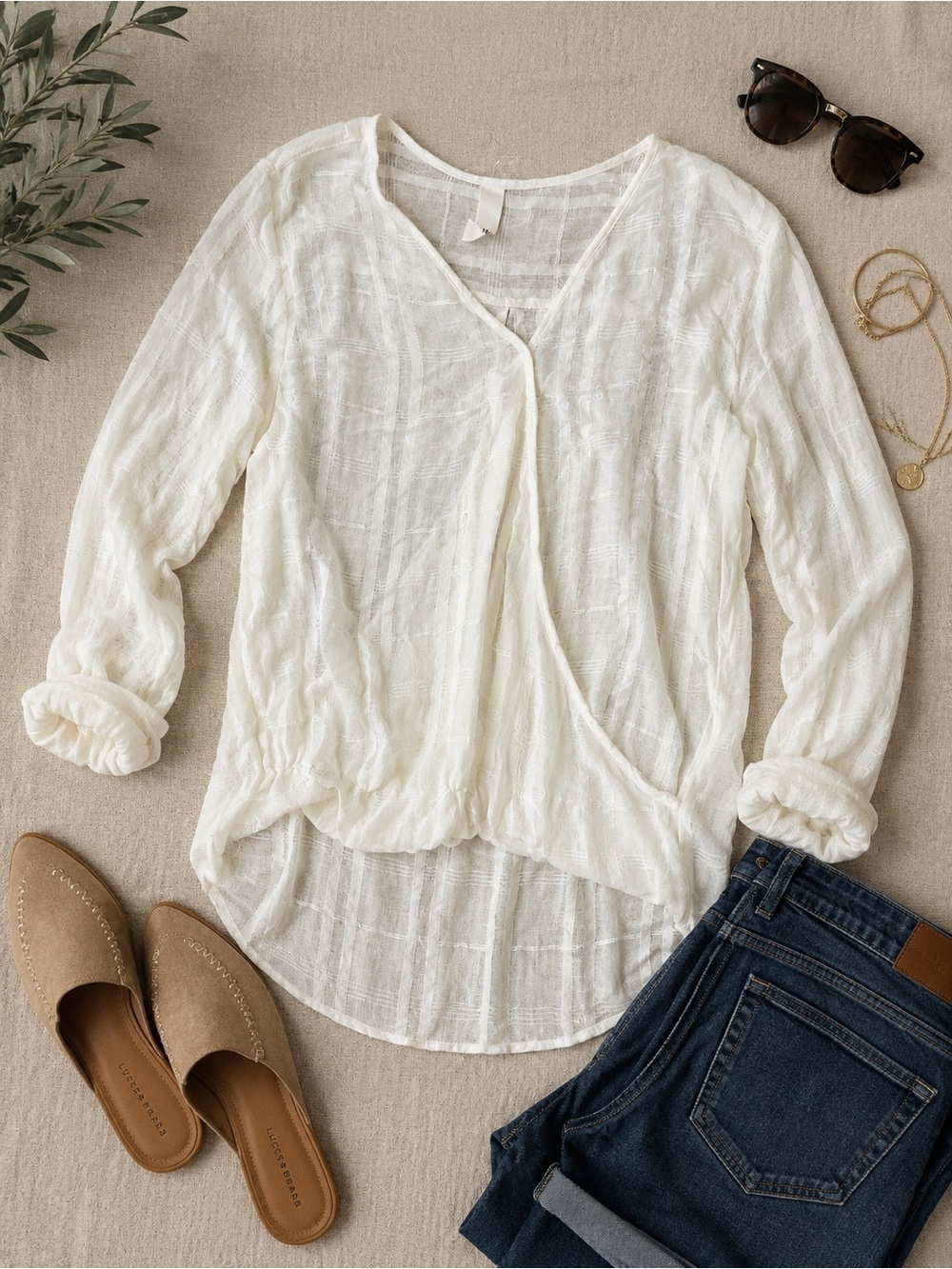 Tokyo Darling Cream Gauze Wrap-Front Tunic Blouse